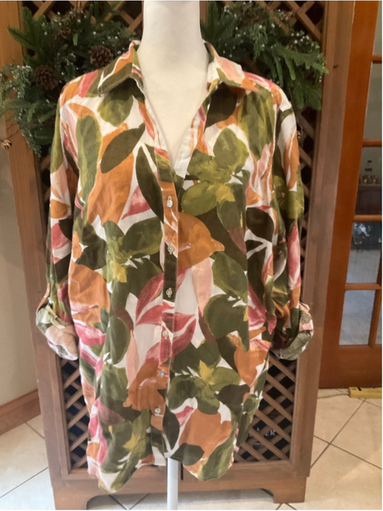 Tahari Tops - Tahari Linen Fall Floral Button Down Tunic Blouse Women’s 1X Roll Tab Sleeve